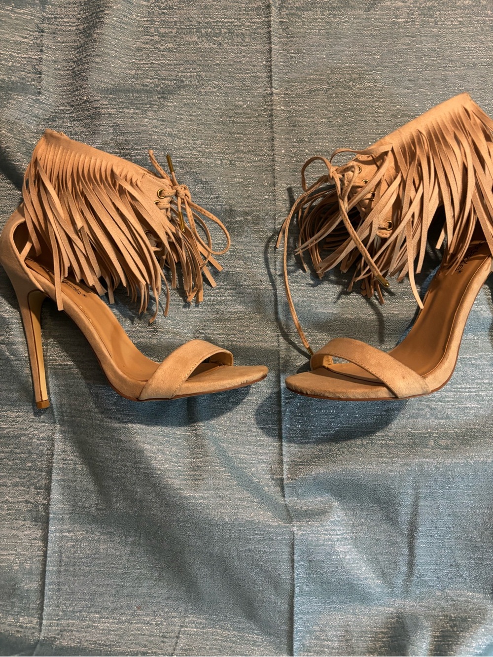 Shoe dazzle Fringe Ankle-Tie High Heel Sandals - Tan